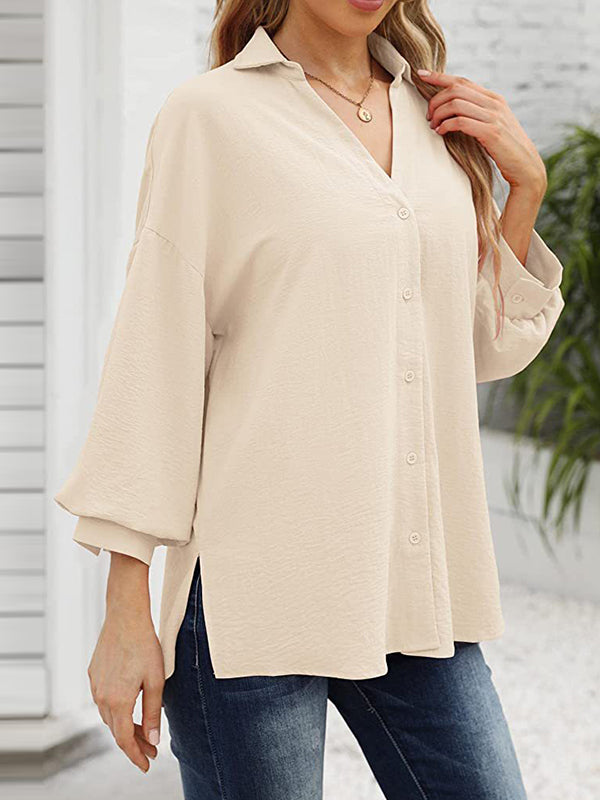 Loose Puff  Three-Quarter Sleeves Solid Color Lapel Blouses