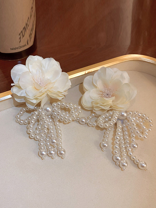 Flower-Embellished Imitation Pearl  Tasseled Earrings Accessories