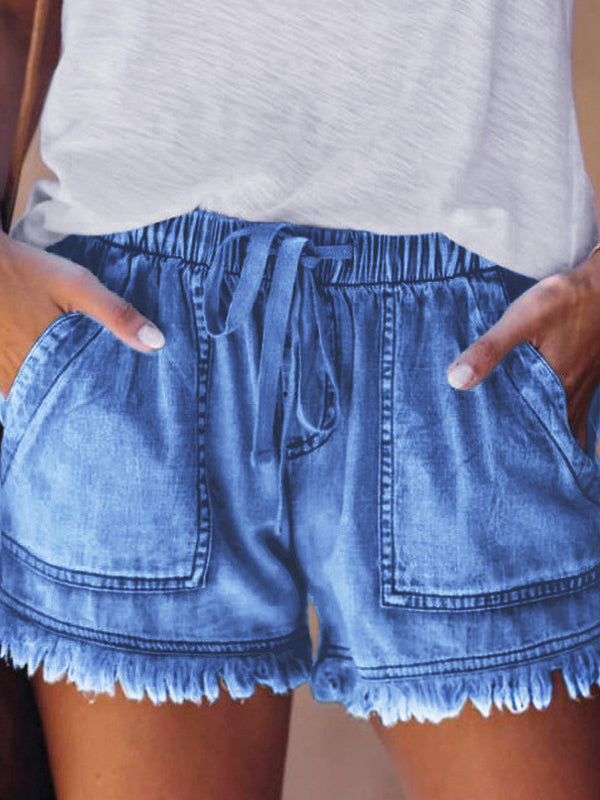 10 Colors Casual Drawstring High Waisted Denim Fringed Shorts